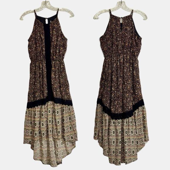 Boho Hi Low Halter Dress XS Brown Floral Dark Prairie Earthy Whimsigoth Hippie - Picture 1 of 16